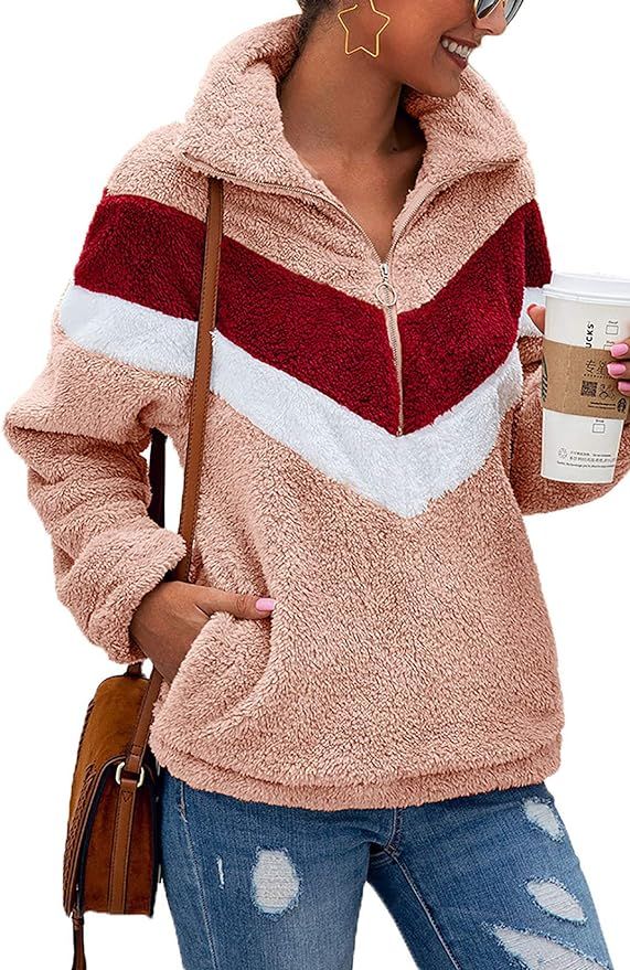Alelly Women's Zipper Sherpa Pullover Soft Fuzzy Fleece Sweatshirt Jacket Sweater Winter Coat | Amazon (US)