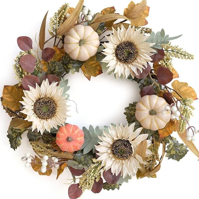 Idyllic 20" Artificial Pumpkins White Sunflower Autumn Wreath with Green and Yellow Leaves Flower... | Amazon (US)