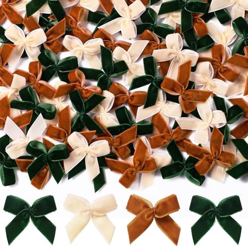 JOICEE 120 Pcs Christmas Mini Velvet Bows for Crafts, 1.4 Inch Christmas Velvet Ribbon Bows with Box Stickers Tiny Crafts Bows Decorations for DIY Sewing Tree Wreath Garland Decor(Brown,Green,Beige) | Amazon (US)
