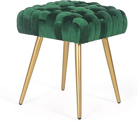 Edeco Knit Velvet Square Ottoman,Vanity Chair Stool,Modern Makeup Chair with Metal Legs (Green) | Amazon (US)