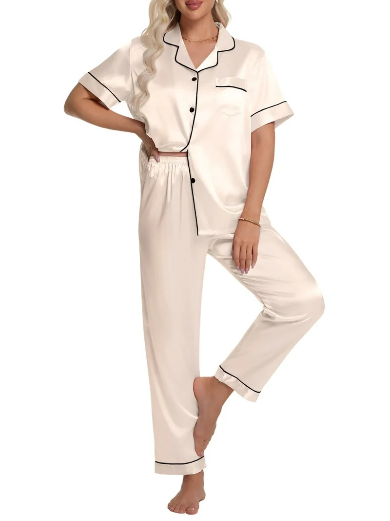 DAKIMOE Silk Satin Pajamas Set for Women Two-Piece Short Sleeve Shirt with Long Pajama Pant Set S... | Walmart (US)