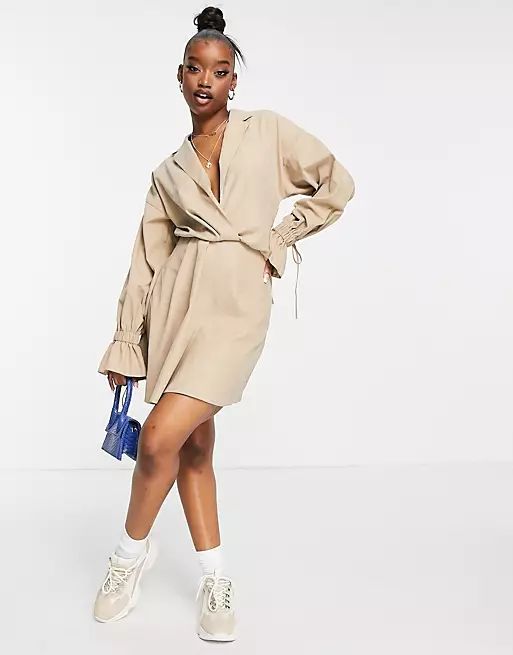 ASOS DESIGN blouson sleeve mini shirt skater dress with extreme cuffs in beige | ASOS (Global)