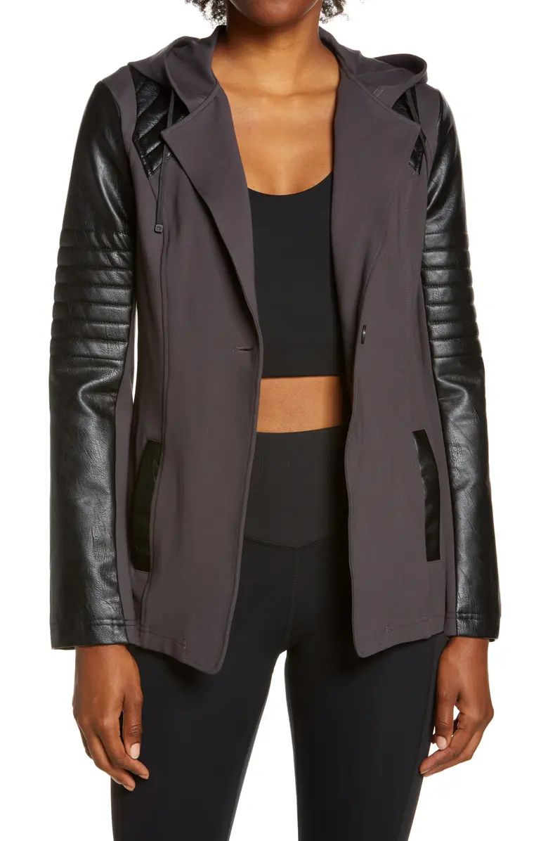 Hooded Moto Blazer with Faux Leather Sleeves | Nordstrom