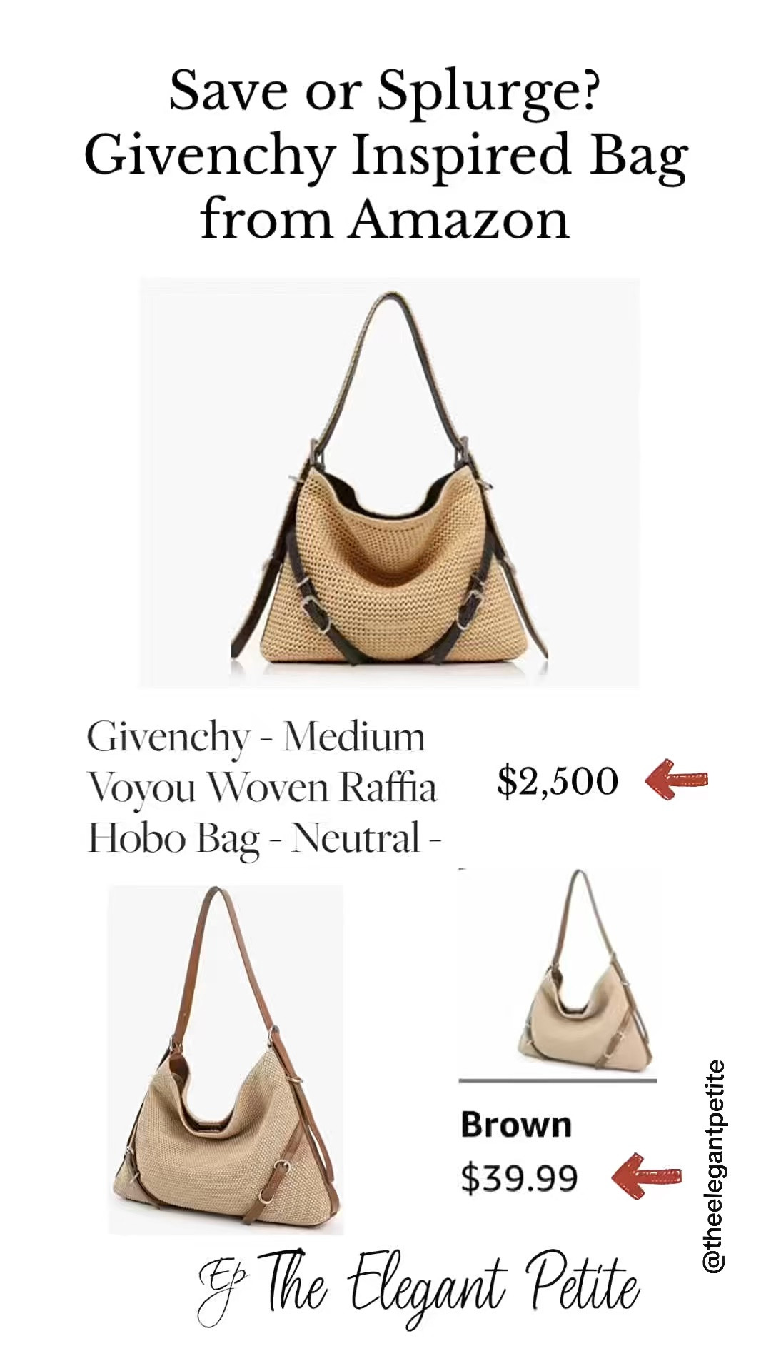 Givenchy Look for Less Bag from Amazon 
Follow me for more inspiration. Affordable fashion items with a touch of luxury.                           The Givenchy Medium Voyou Woven Raffia Hobo Bag is understated elegance, channeling that effortless Parisian cool with ease. The bag's slouchy silhouette offers a sophisticated-meets-relaxed vibe that feels both fresh and timeless. The woven raffia gives it a textured, artisanal quality, while the luxurious leather trimming adds a touch of refinement. This piece moves beautifully from daytime sophistication to evening allure, making it an ideal companion for those who appreciate subtle opulence.
In motion, the bag shifts gracefully, its flexible shape hugging close to the body and draping at the hip. The hobo style empowers it to carry essentials with ease while maintaining a chic profile. Able to layer over both structured coats and flowing dresses, it transitions between brunch dates and nighttime social hours effortlessly. A bag like this doesn't just carry your belongings; it elevates your entire ensemble, balancing practicality with high fashion flair.

#LTKootd #LTKPetite