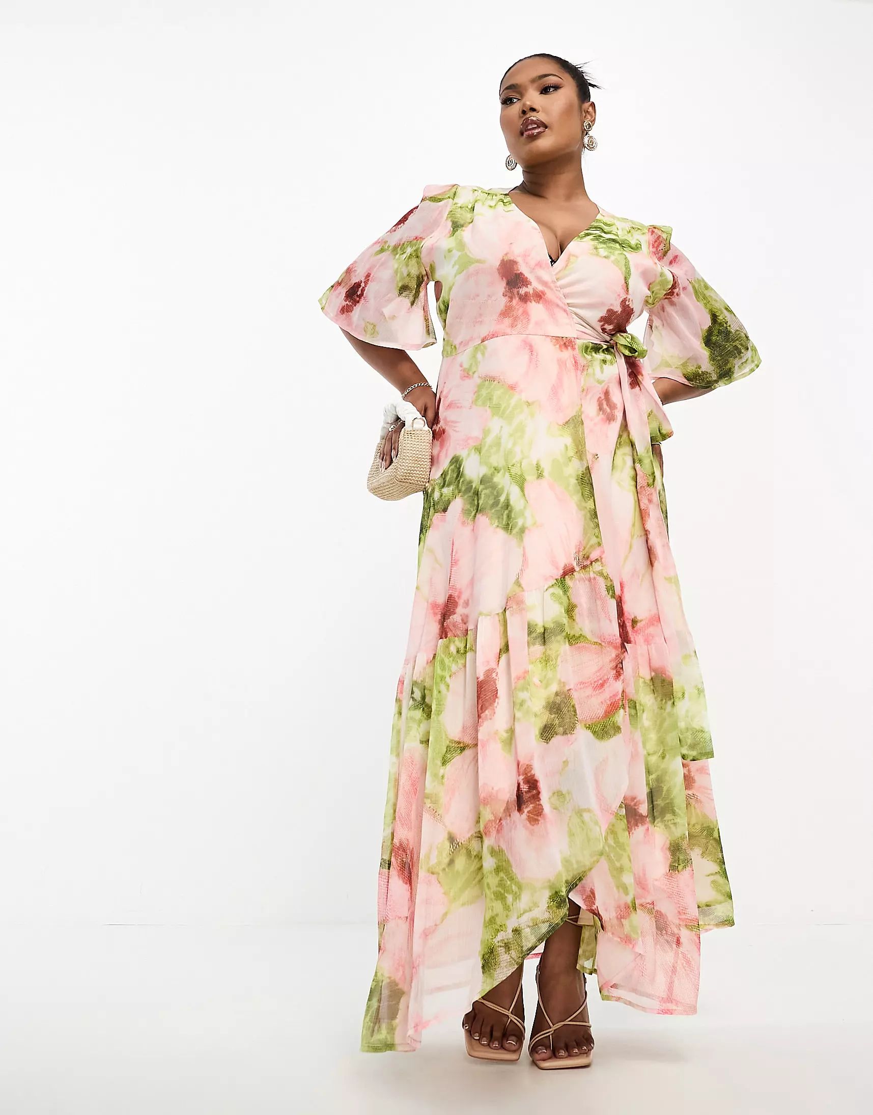 Hope & Ivy Plus ruffle wrap maxi dress in pink floral print | ASOS | ASOS (Global)