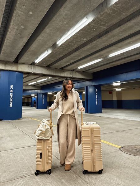 airport outfit ✈️ | travel outfit | travel style | airport style | neutral outfit | loungewear set | travel set | waffle knit set | waffle knit pants | lounge set | winter coat | long coat | travel inspo | winter travel | winter outfit | winter fashion 

#LTKfindsunder100 #LTKtravel #LTKstyletip