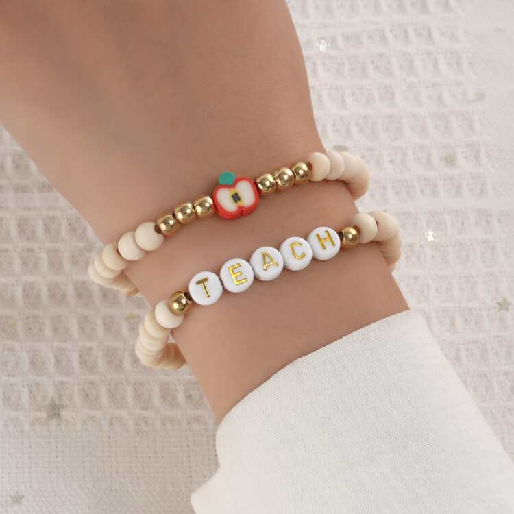 2pcs Simple Personalized Acrylic Letter&apple&polymer Clay&bead String Bracelet For Teacher's Day | SHEIN
