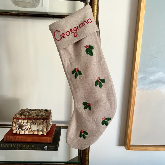 Linen Christmas Stocking With Hand Embroidery Vintage - Etsy | Etsy (US)