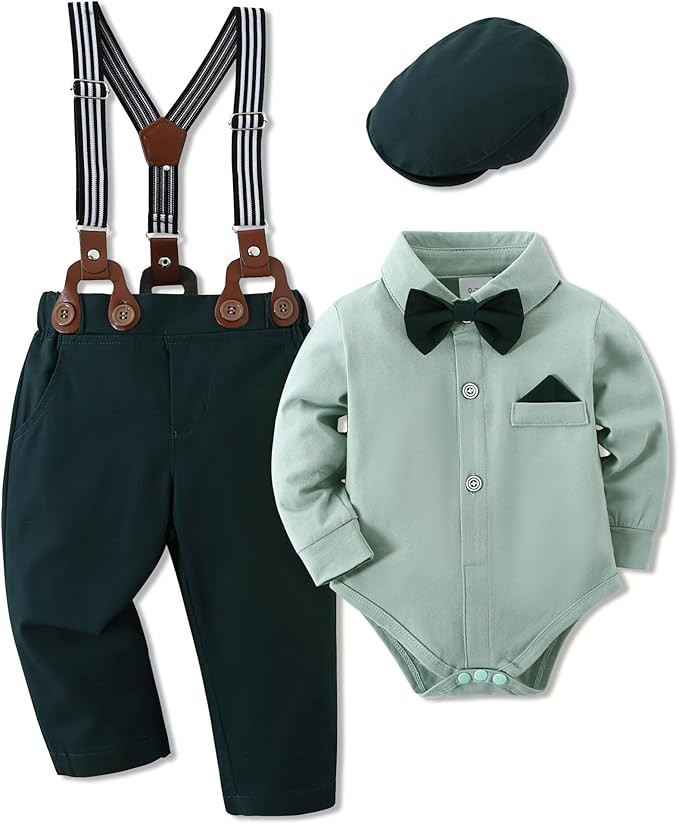 WESIDOM Baby Boy Clothes 0-18M Newborn Infant Gentleman Outfit, Shirt+Bowtie+Beret+Suspender Pant... | Amazon (US)