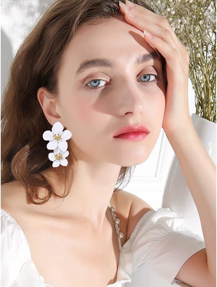 D.Rosse Large Metal Double Flower Matt Earring Chic Statement Dangle Drop Wedding Earrings For Women | Amazon (US)
