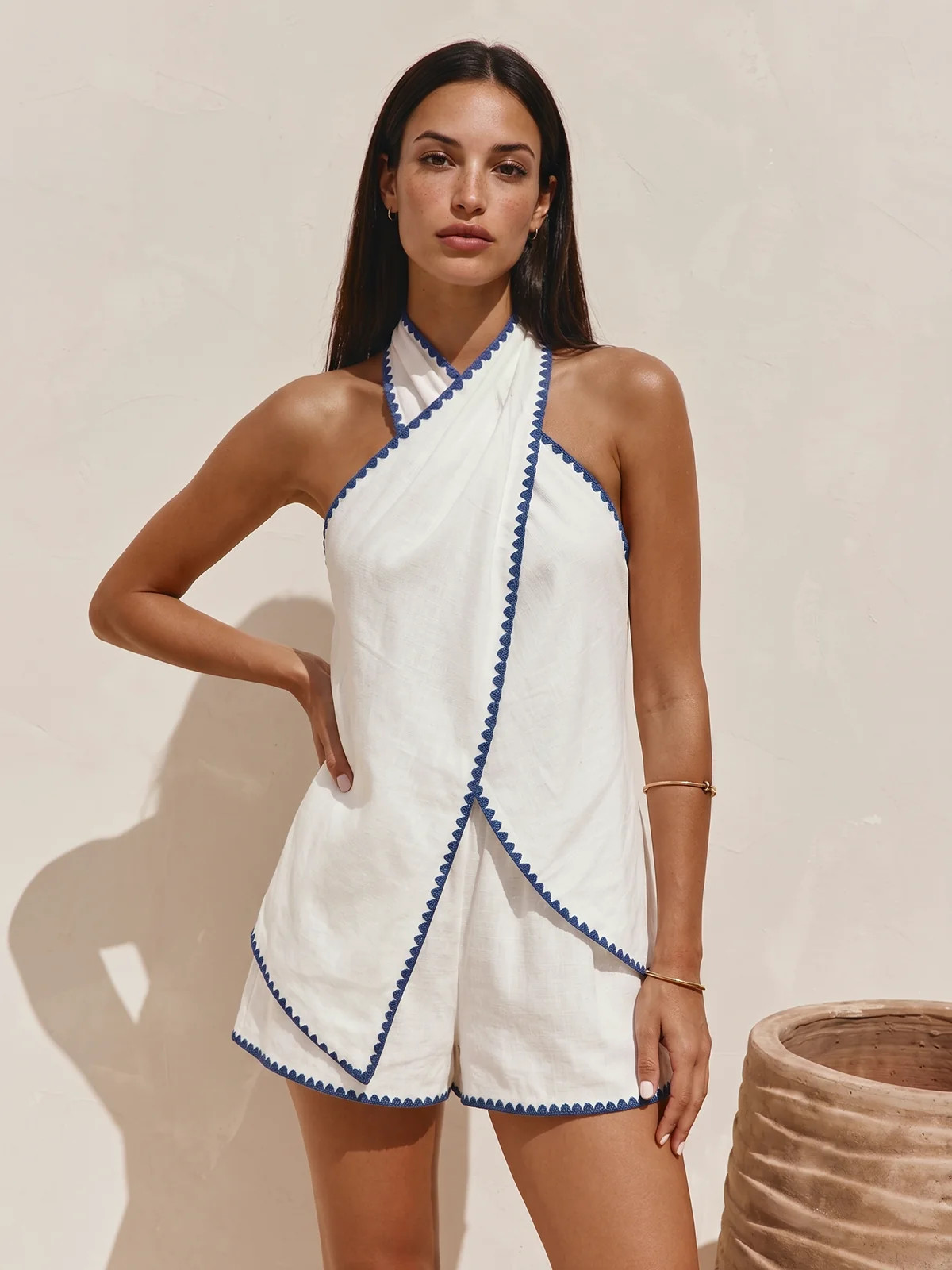 Scallop Trim Linen Blend Two Piece Shorts Set | Commense