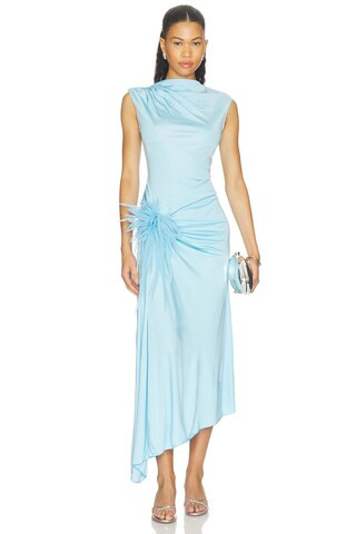David Koma Cactus Dahlia Embroidered Draped Dress in Blue from Revolve.com | Revolve Clothing (Global)