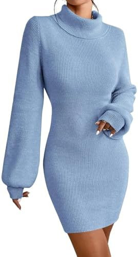 Turtleneck Sweater Dress for Women Lantern Sleeve Bodycon Pullover Mini Sweater Dress Stretchable... | Amazon (US)