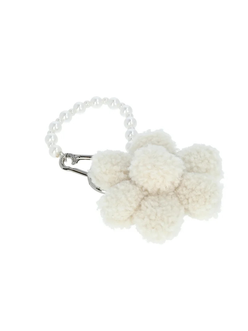No Boundaries Women's Handbag Charm, Tan Faux Shearling Puffer Flower with Faux Pearls | Walmart (US)