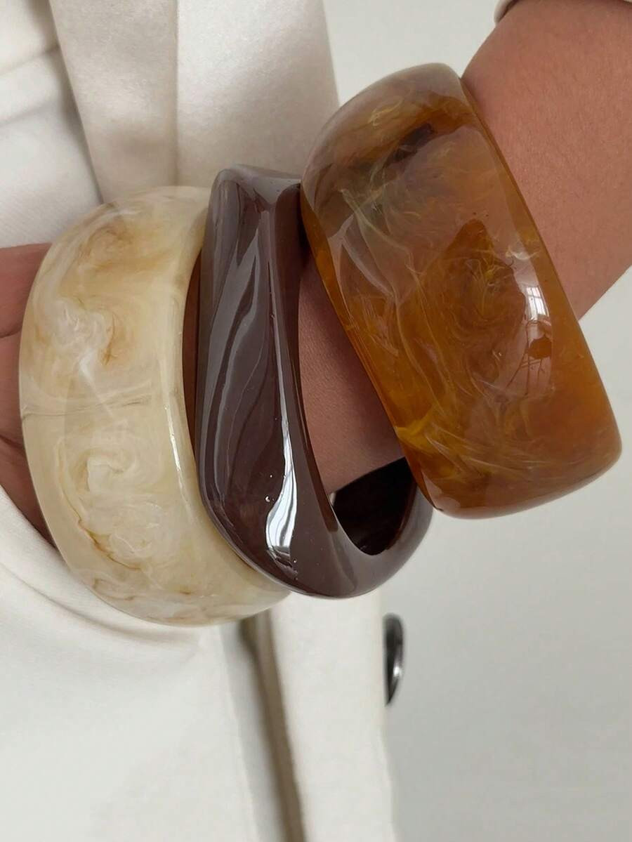 3pcs/Set Vintage Semi-Transparent Tie Dye Bracelet, Asymmetrical Wide Resin Bangle | SHEIN