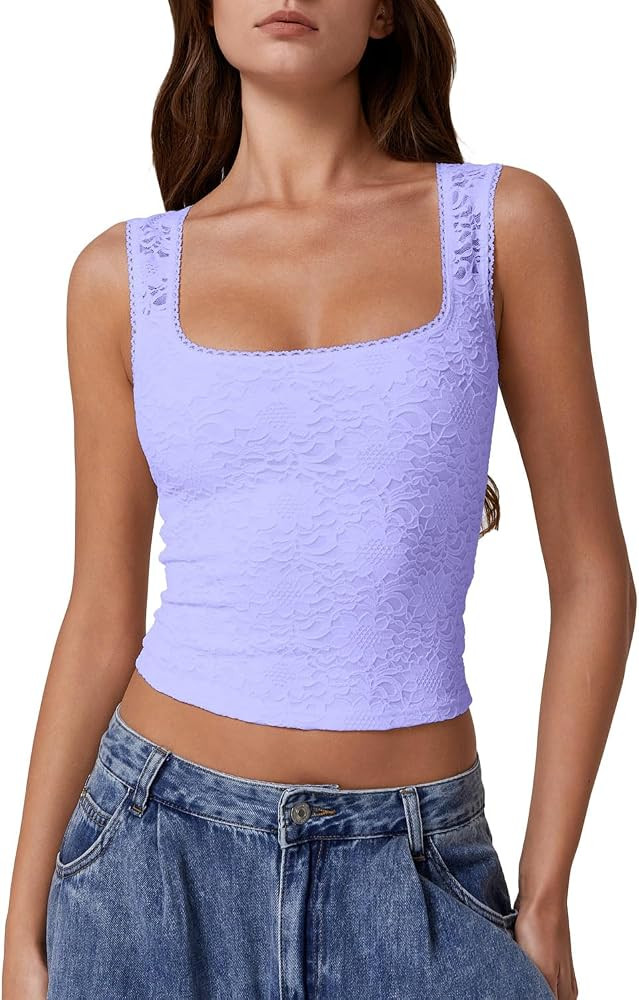 QINSEN Women's Lace Trim Square Neck Sleeveless Double-Layer Tank Top | Amazon (US)