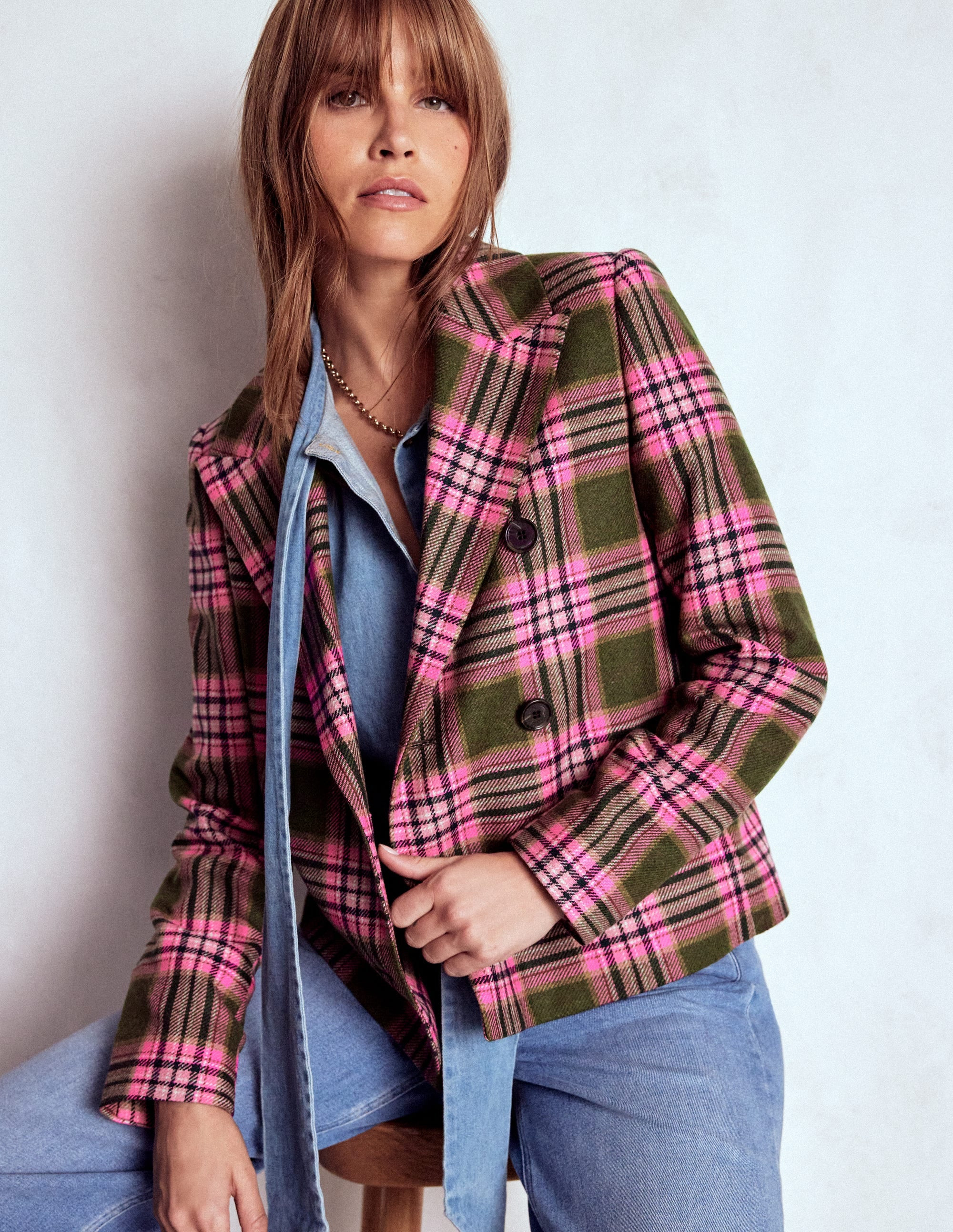 Boxy Double Breasted Blazer-Olive Green and Pink Check | Boden UK