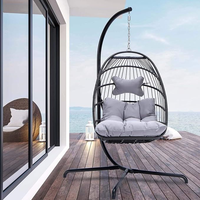 Indoor Outdoor Patio Wicker Hanging Chair Swing Hammock Egg Chairs UV Resistant Cushions with Alu... | Amazon (US)