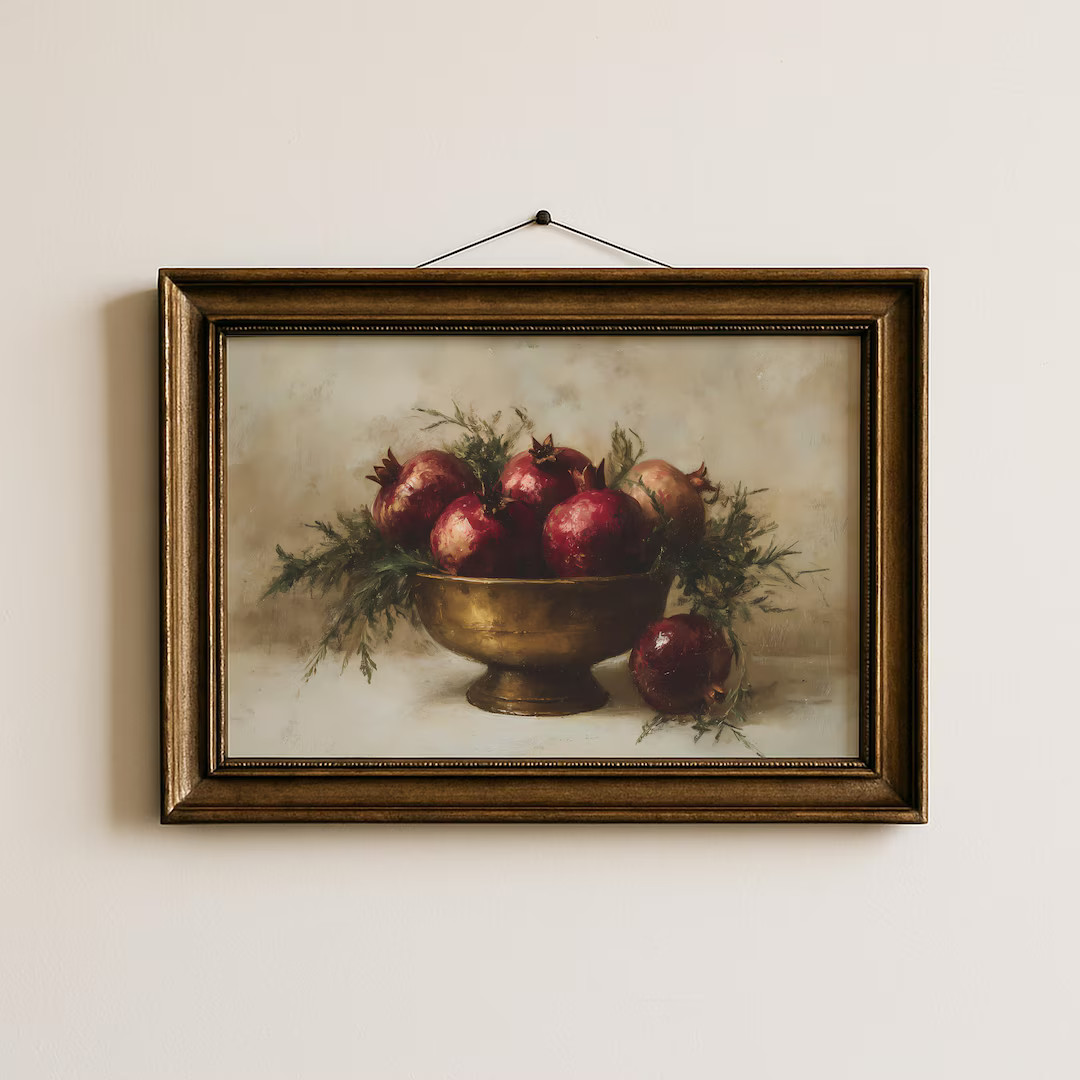 Vintage Pomegranate Wall Art Printable Still Life Fruit Painting Rustic Holiday Kitchen Decor Bur... | Etsy (US)