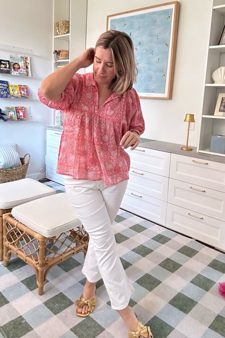 White jeans outfit for summer or vacation out, top runs loosely but TTS. Very light. A little sea through fyi 

#LTKmidsize #LTKtravel