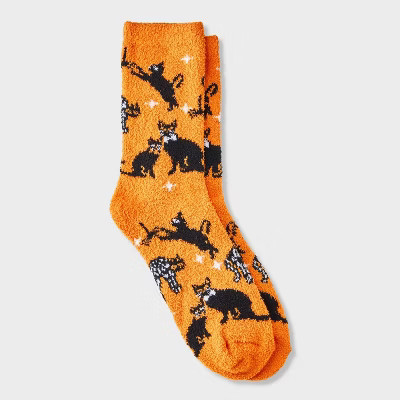 Women's Black Cats Halloween Cozy Crew Socks - Hyde and EEK! Boutique™ Orange/Black 4 - 10 | Target