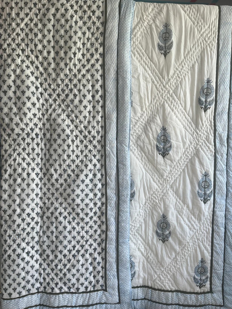 Traditional Jaipuri Razai, Blue Quilt, Lightweight, Handmade Quilt, Flower Print, Mugal Print, Co... | Etsy (US)