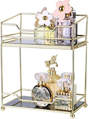 Simmer Stone Makeup Organizer Shelf, 2 Tier Cosmetic Storage Basket with Removable Glass Tray, Wi... | Amazon (US)