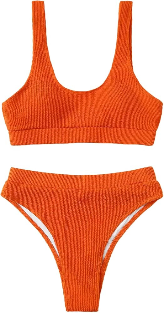 SweatyRocks Women's High Waisted Solid Bikini Sets Two Piece Crop Top Swimsuits | Amazon (US)