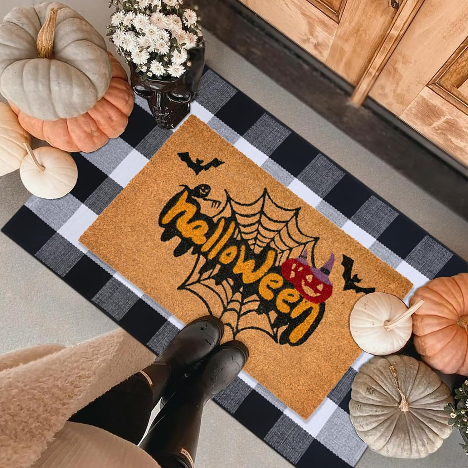 Halloween Front Door Mat Combo Set, Spider Web Coco Coir Welcome Doormat -28" x 43" Black and White Plaid Rug, Autumn Fall Front Porch Entryway Decor Floor Mat | Amazon (US)