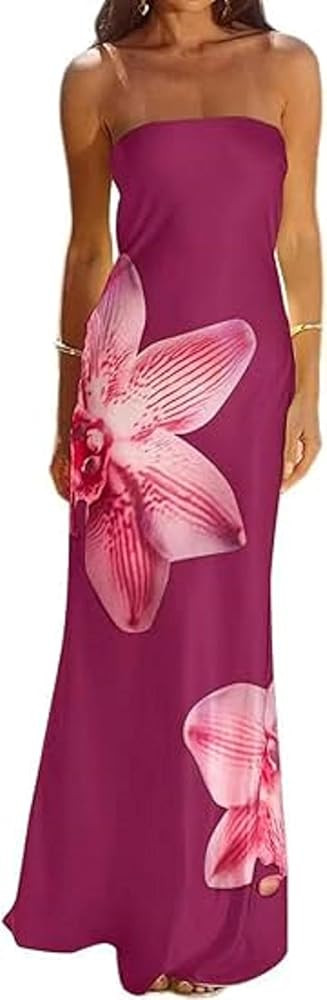 Women Floral Strapless Maxi Dress Elegant Sleeveless Tube Long Wedding Guest Dress Y2k Party Cock... | Amazon (US)
