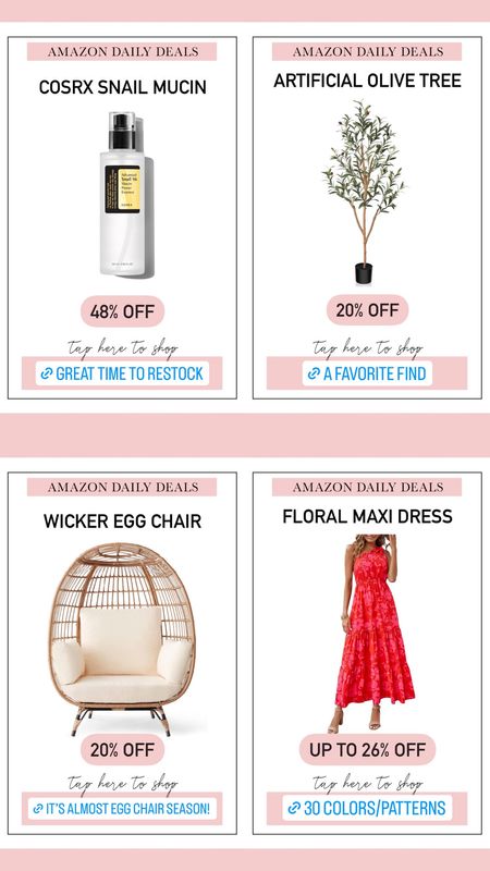 Amazon daily deals 💖

Egg chair. Floral maxi dress. Faux olive tree. Snail mucin. Sale. Markdown. 



#LTKsalealert #LTKfindsunder50 #LTKhome
