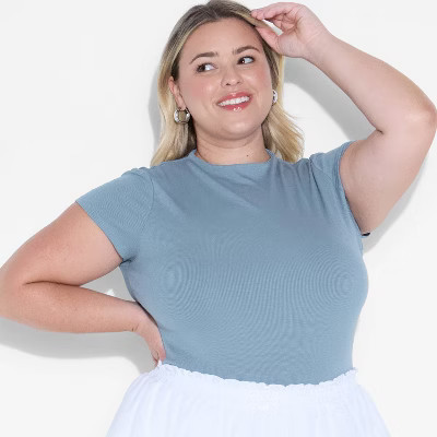 Women's Slim Fit Short Sleeve Mock Turtleneck T-Shirt - Wild Fable™ Blue Denim XL | Target