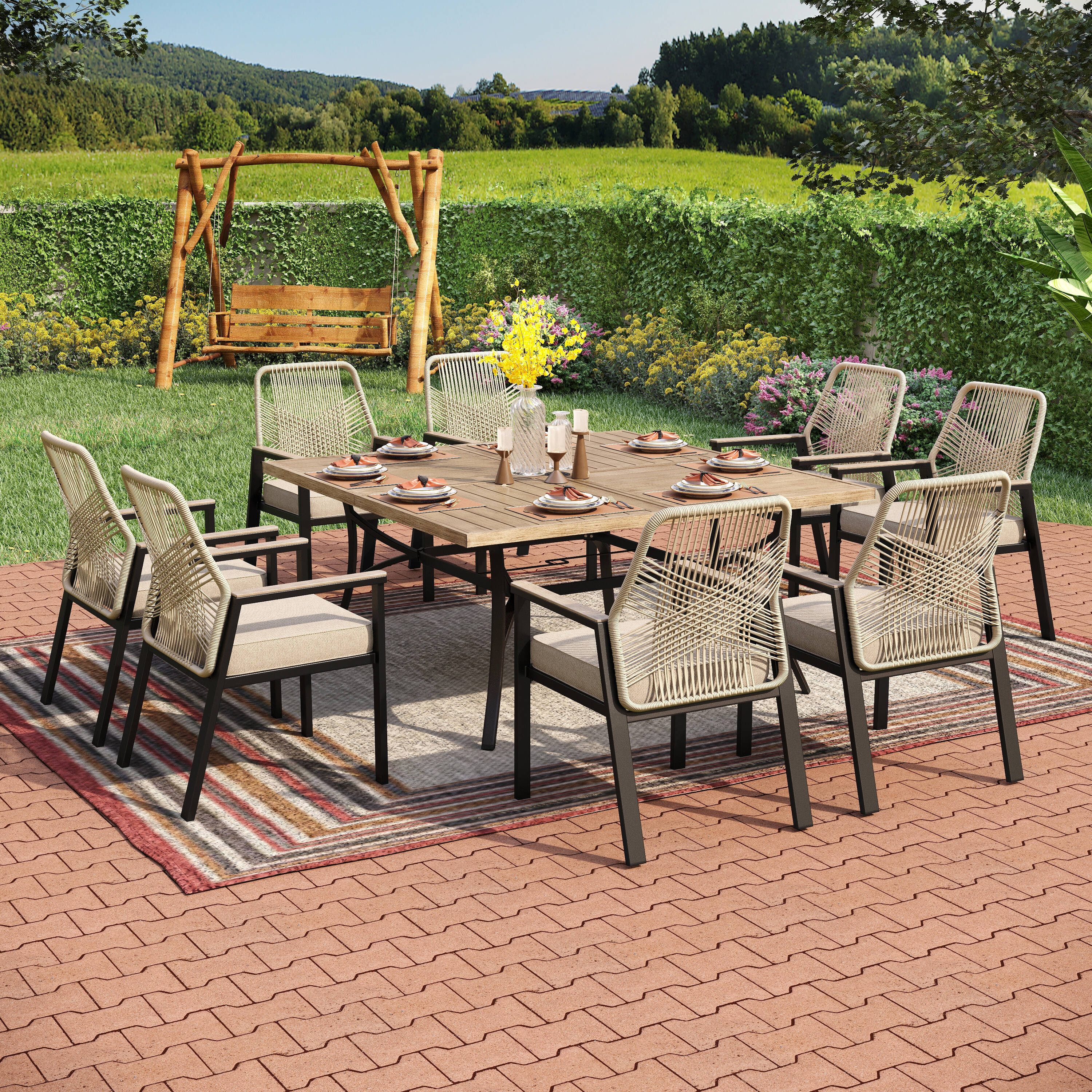 Sunshine Valley Outdoor Table and Chairs 9 -Piece Black Patio Dining Set Steel Square Table with ... | Lowe's