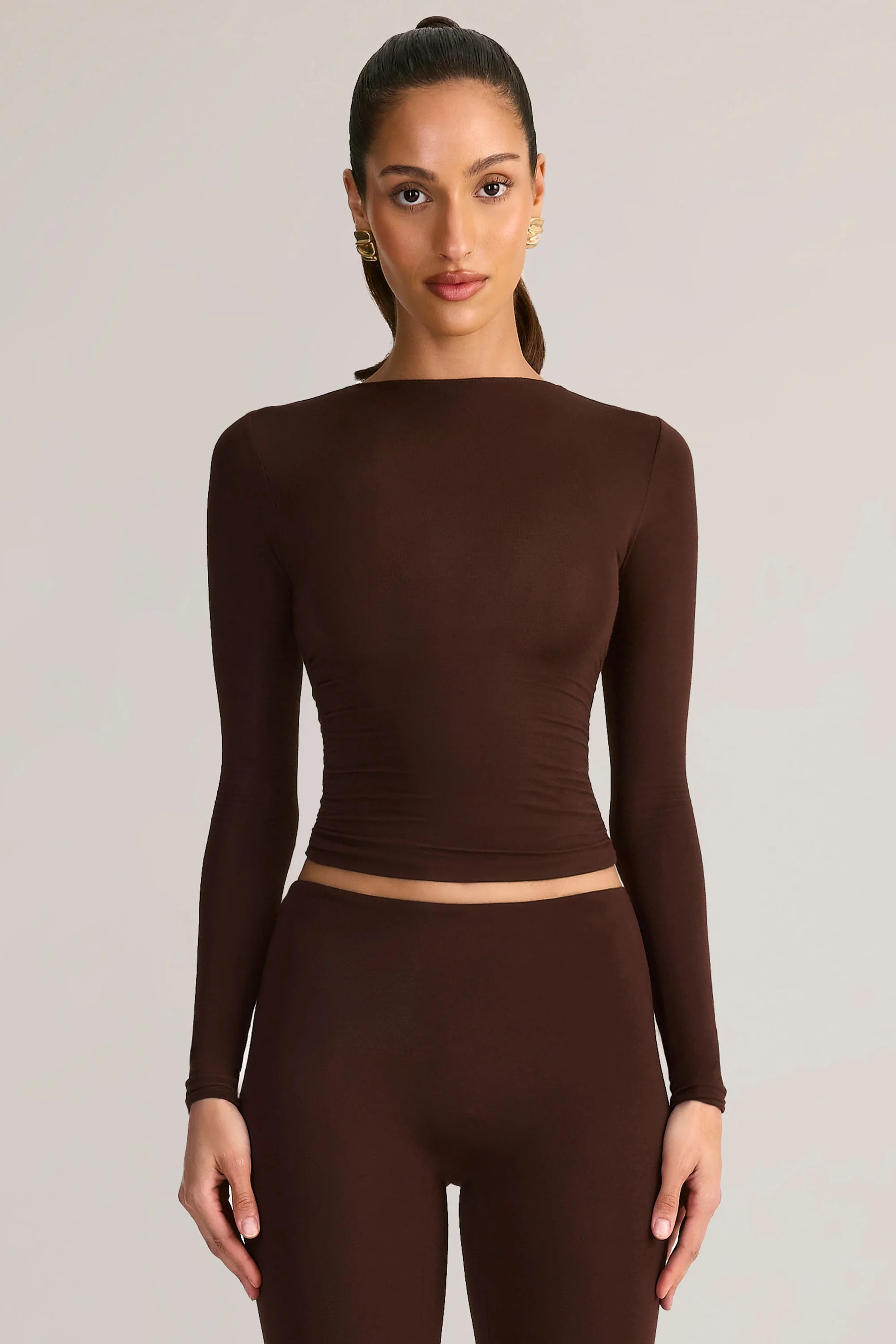 Modal Ruched Long-Sleeve Top in Chocolate Brown | Oh Polly