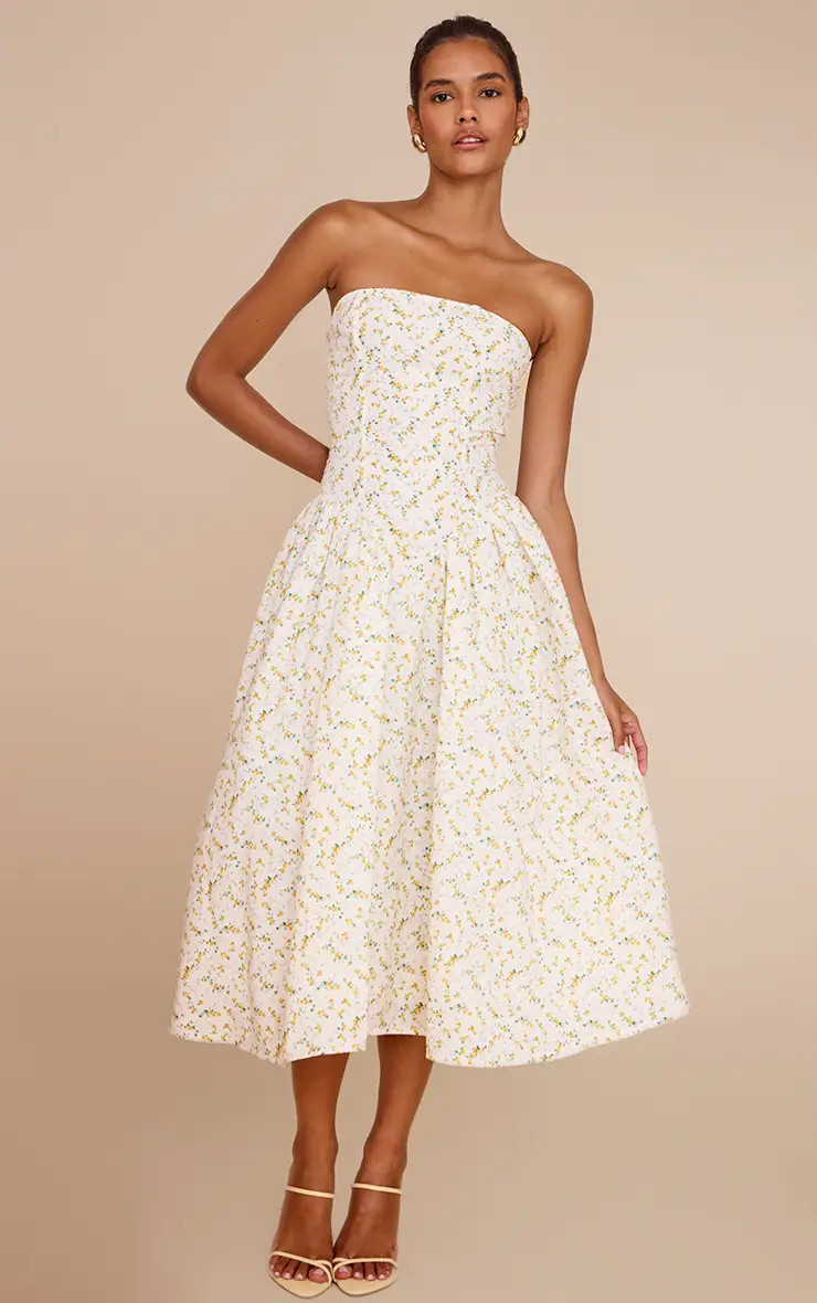 Yellow Ditsy Printed Bandeau Skater Midaxi Dress | PrettyLittleThing UK
