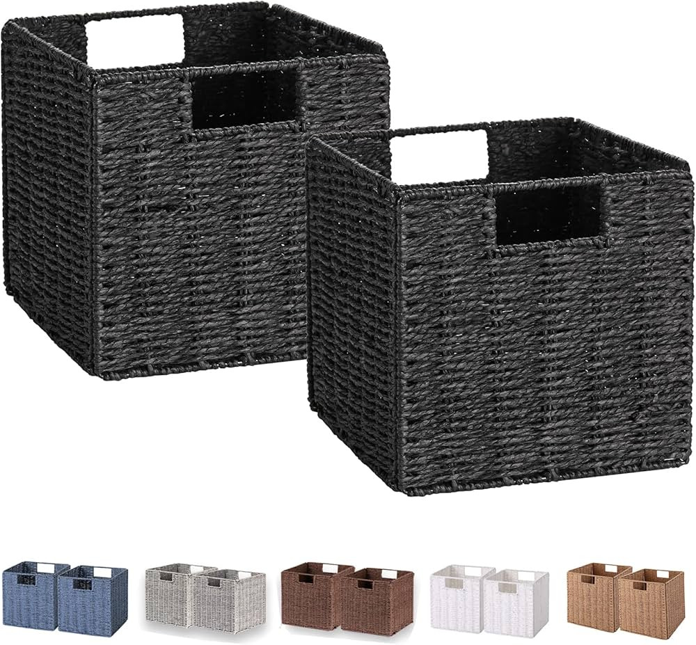 Vagusicc Wicker Baskets for Storage, Set of 2 Hand-Woven Storage Baskets for Shelves, Foldable Cu... | Amazon (US)