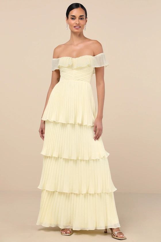 Always Remarkable Pale Yellow Off-the-Shoulder Maxi Dress | Lulus