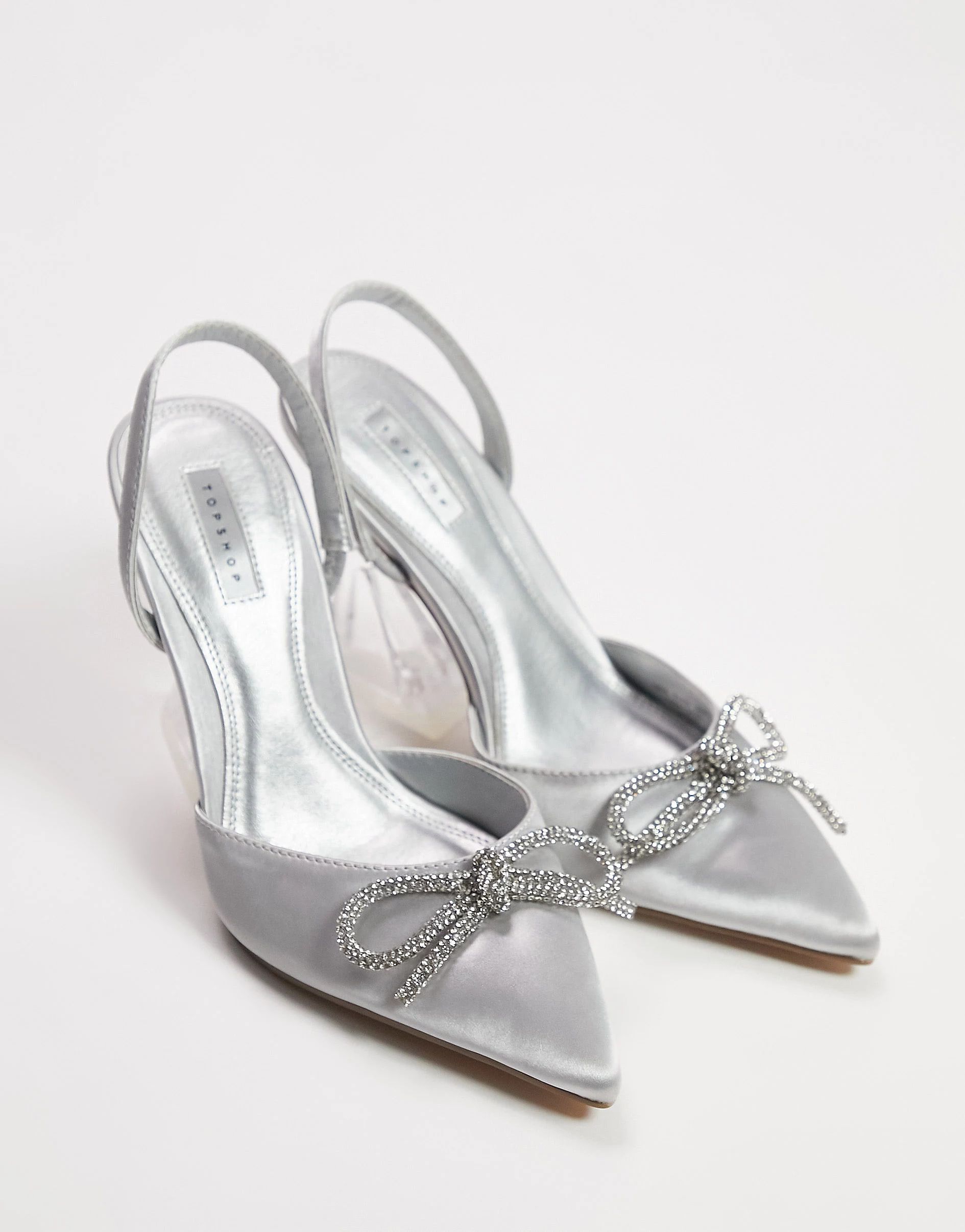 Topshop Rain sling back heeled court with bow in silver | ASOS (Global)