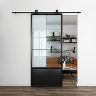 36 in. x 86 in. 6 Lite Frosted Glass Black Steel Sliding Barn Door with Hardware Kit | The Home Depot