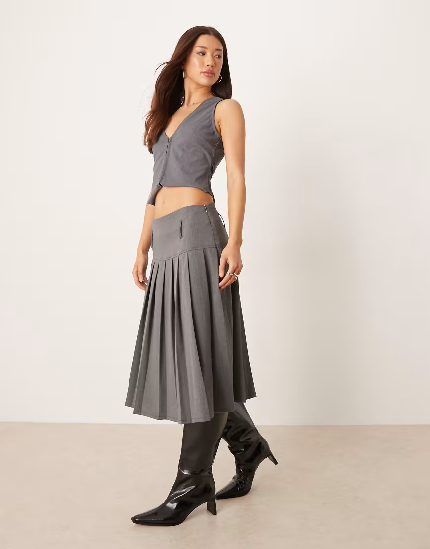 ASOS DESIGN drop waist pleated midi skirt in charcoal gray | ASOS (Global)