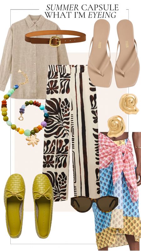 Summer capsule wardrobe, neutral printed pant, colorful sarong, shell shaped earrings, square toe flip flops, nude sandals, chartreuse flats, linen button down, beaded necklace 