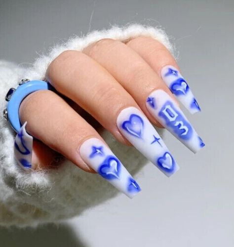 Beautiful Nails Matte White & Blue Graffiti Design glue on Extra Long   | eBay | eBay US