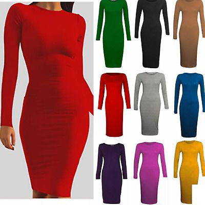 WOMENS LADIES LONG SLEEVE MIDI DRESS STRETCH BODYCON PLAIN JERSEY 8-26 | eBay UK