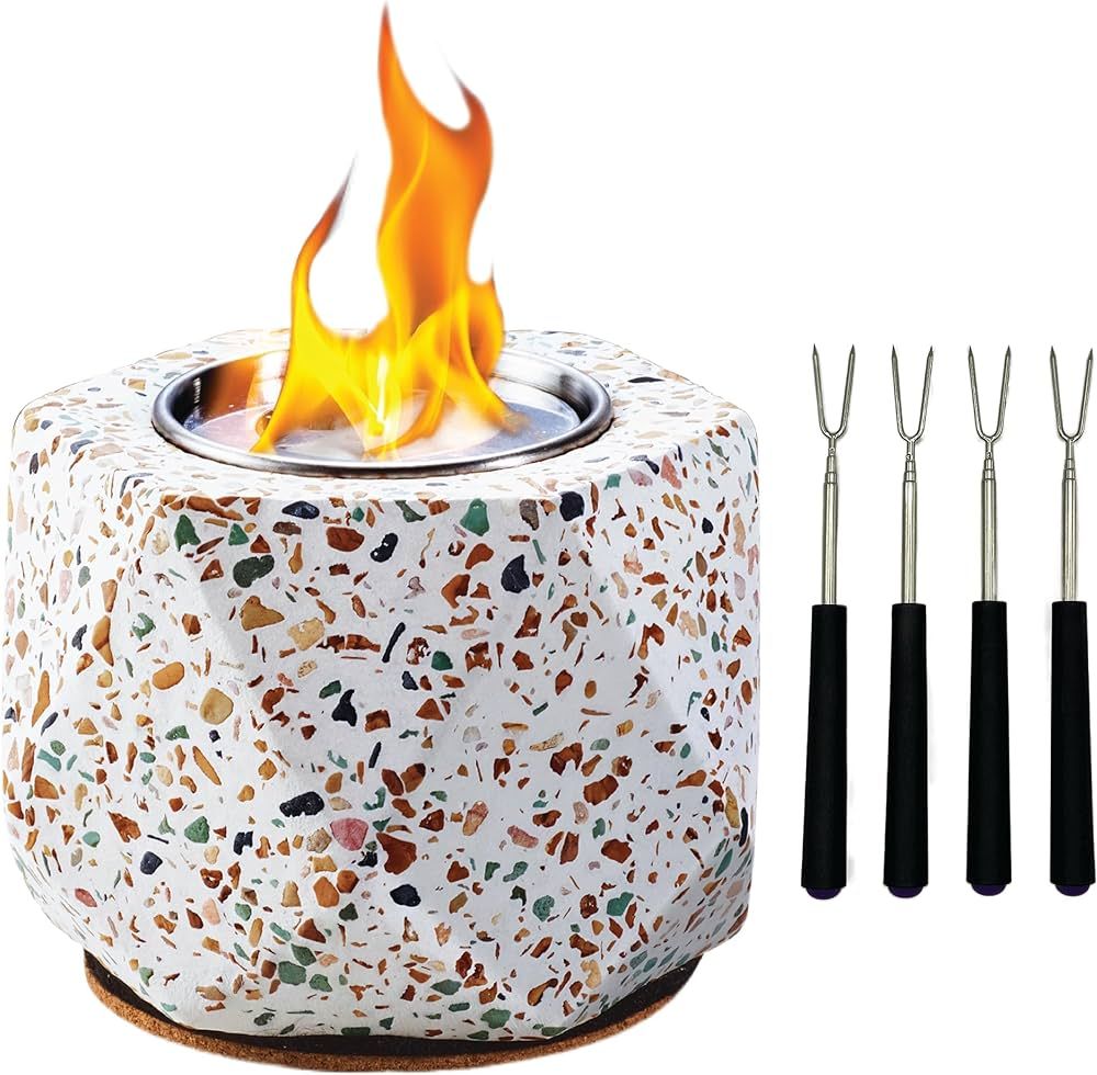 Tabletop Fire Pit - Durable Terrazzo Fire Bowl with 4 Extendable Roasting Sticks & Cork Base Port... | Amazon (US)