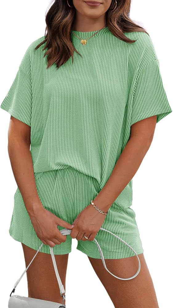 RUBZOOF Women's 2 Piece Sets Short Sleeve Outfits Ribbed Textured Knit Lounge Shorts Set Oversize... | Amazon (US)