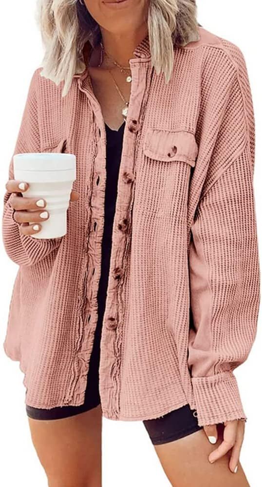 utcoco Women's Casual Waffle Knit Shacket Jacket Loose Fit Long Sleeve Button Down Shirt Shacket Top | Amazon (US)