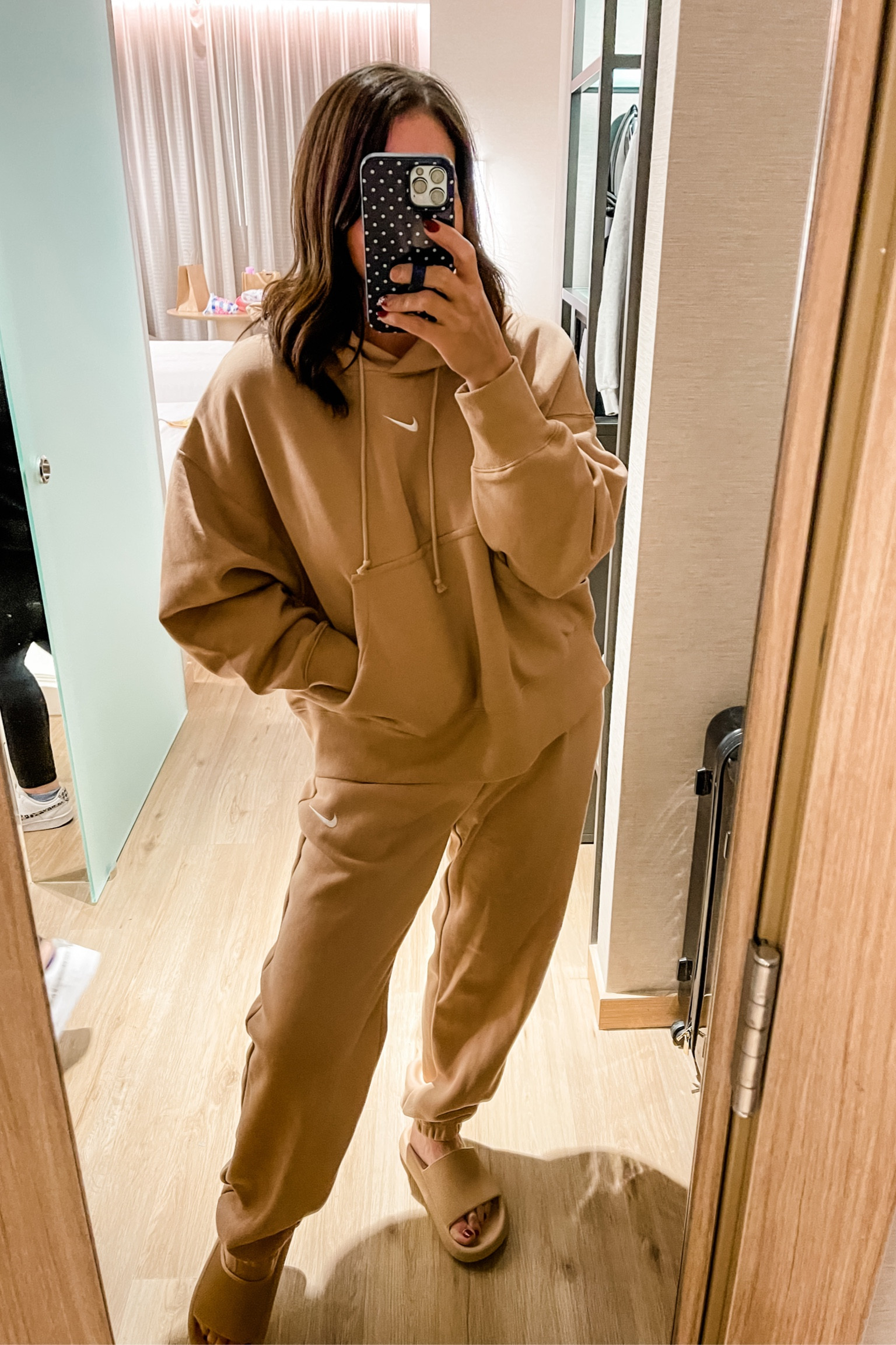 Wearing size small in top and sweatpants 
Nike sweatshirt and Nike sweatpants 
Neutral colors 
Monochromatic 

#LTKstyletip #LTKSeasonal #LTKunder100