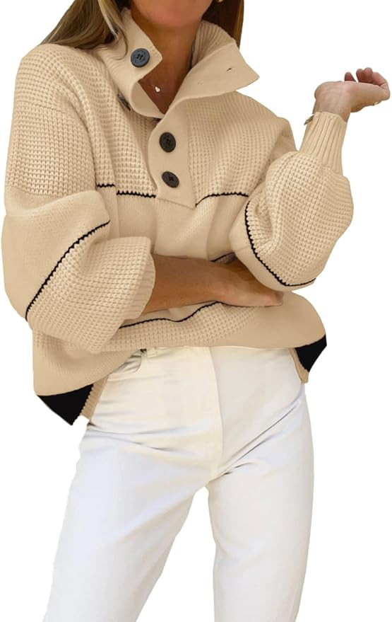 chouyatou Women's Slouchy Waffle Knit Sweater 1/2 Button Polo Collared Pullover Striped Sweater T... | Amazon (US)