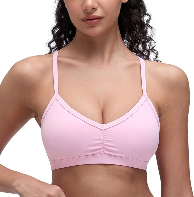CRZ YOGA Butterluxe Ruched Sports Bras for Women - V Neck Spaghetti Thin Strap Y Back Wireless Pa... | Amazon (US)