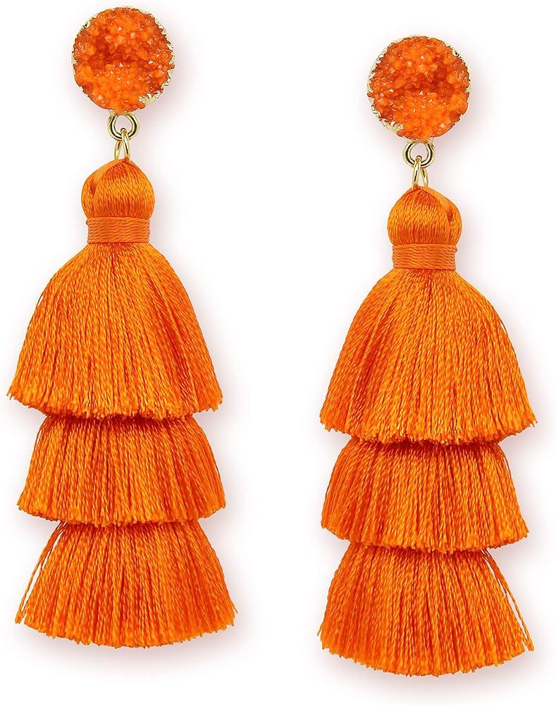 Me&Hz Colorful Layered Tassel Earrings Bohemian Tiered Tassel Druzy Stud Dangle Drop Earrings for Wo | Amazon (US)